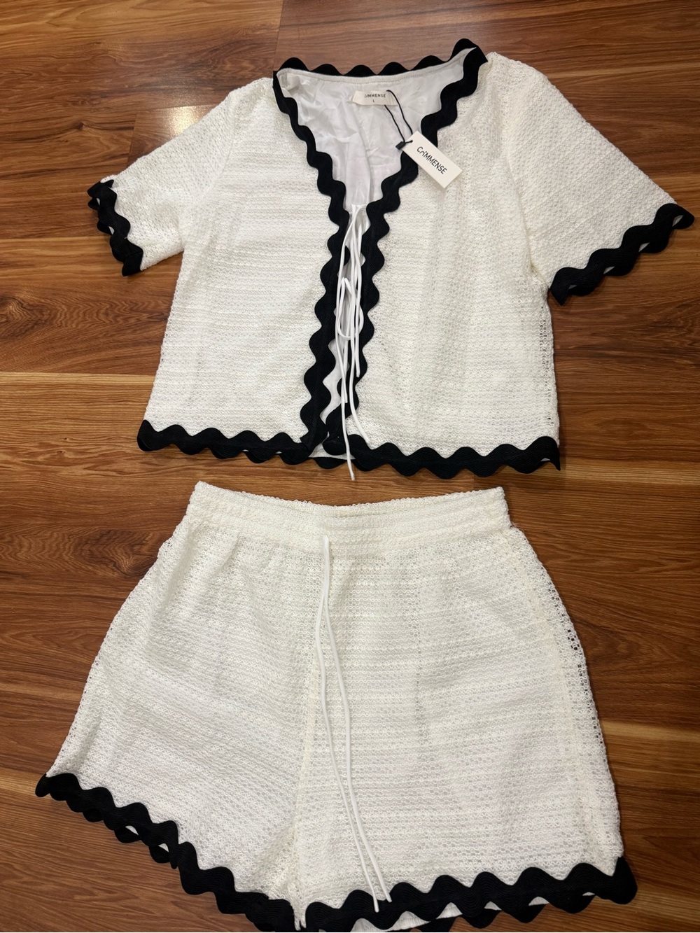 White Crochet Two-Piece Swim Cover Set with Black Trim - Picture 2 of 3